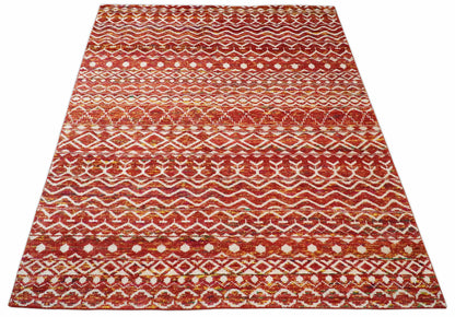 4x6 and 8x10 Hand Knotted Rust, Gold and White Modern Contemporary Southwestern Tribal Trellis Recycled Silk Area Rug.