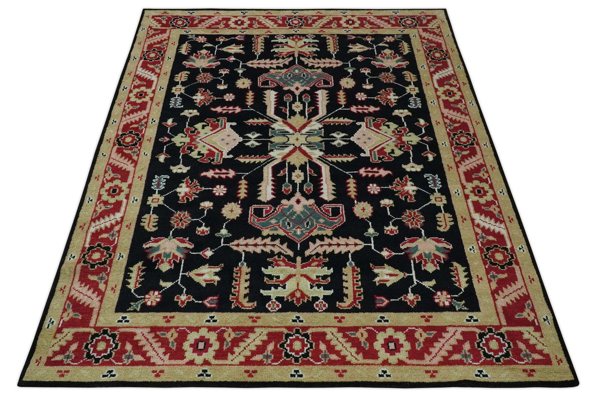 Custom Made Black, Rust, and Olive Traditional Oriental Hand Knotted Wool Area Rug.