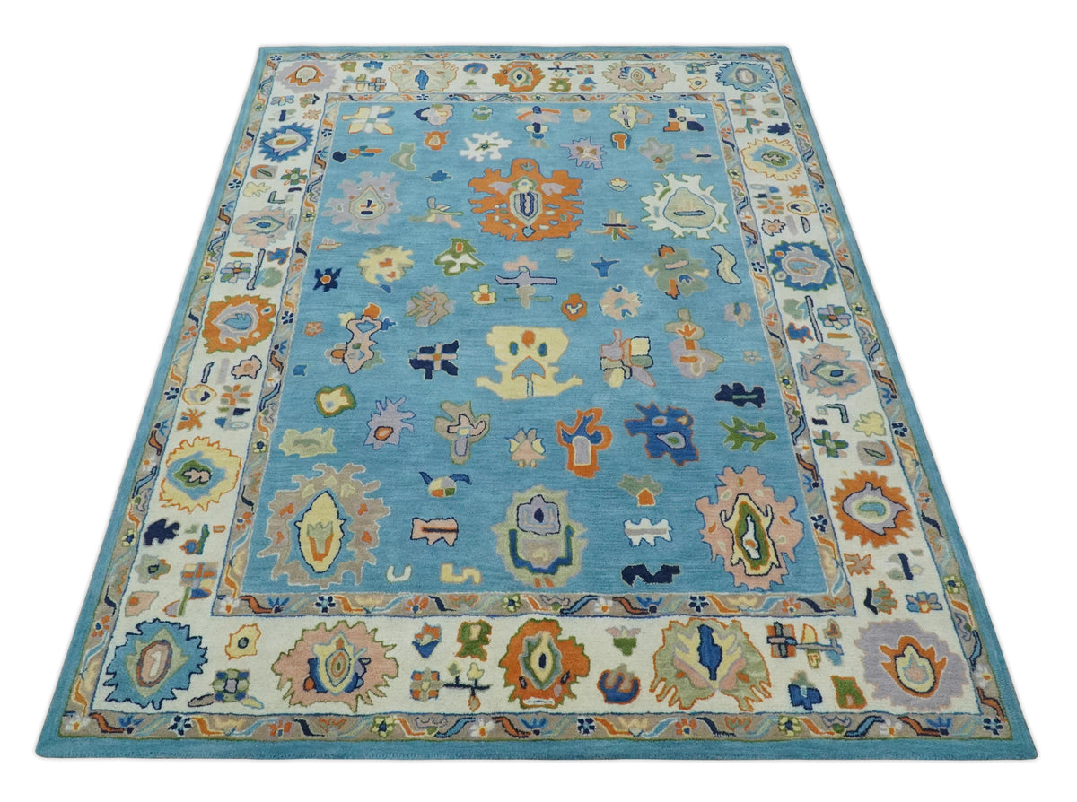 Hand Tufted Blue and Ivory Multi Size Modern Colorful Oushak Rug.