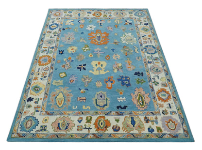 Hand Tufted Blue and Ivory Multi Size Modern Colorful Oushak Rug.