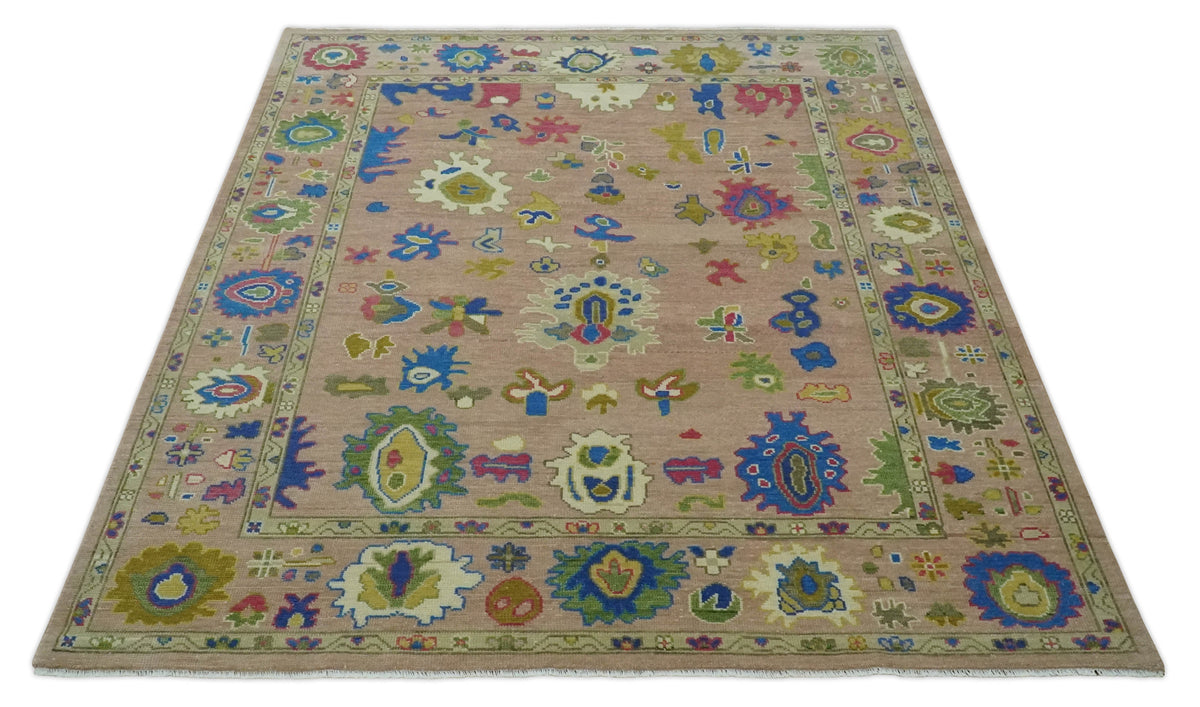 Peach, Blue and Olive Hand knotted Traditional Custom Made Oushak wool Area Rug.