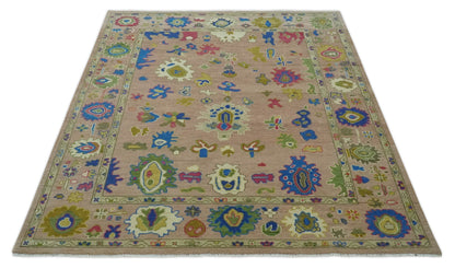 Peach, Blue and Olive Hand knotted Traditional Custom Made Oushak wool Area Rug.