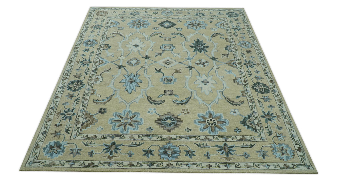 Custom Made Beige, Ivory and Blue Hand Tufted Floral Oriental Oushak wool area rug.