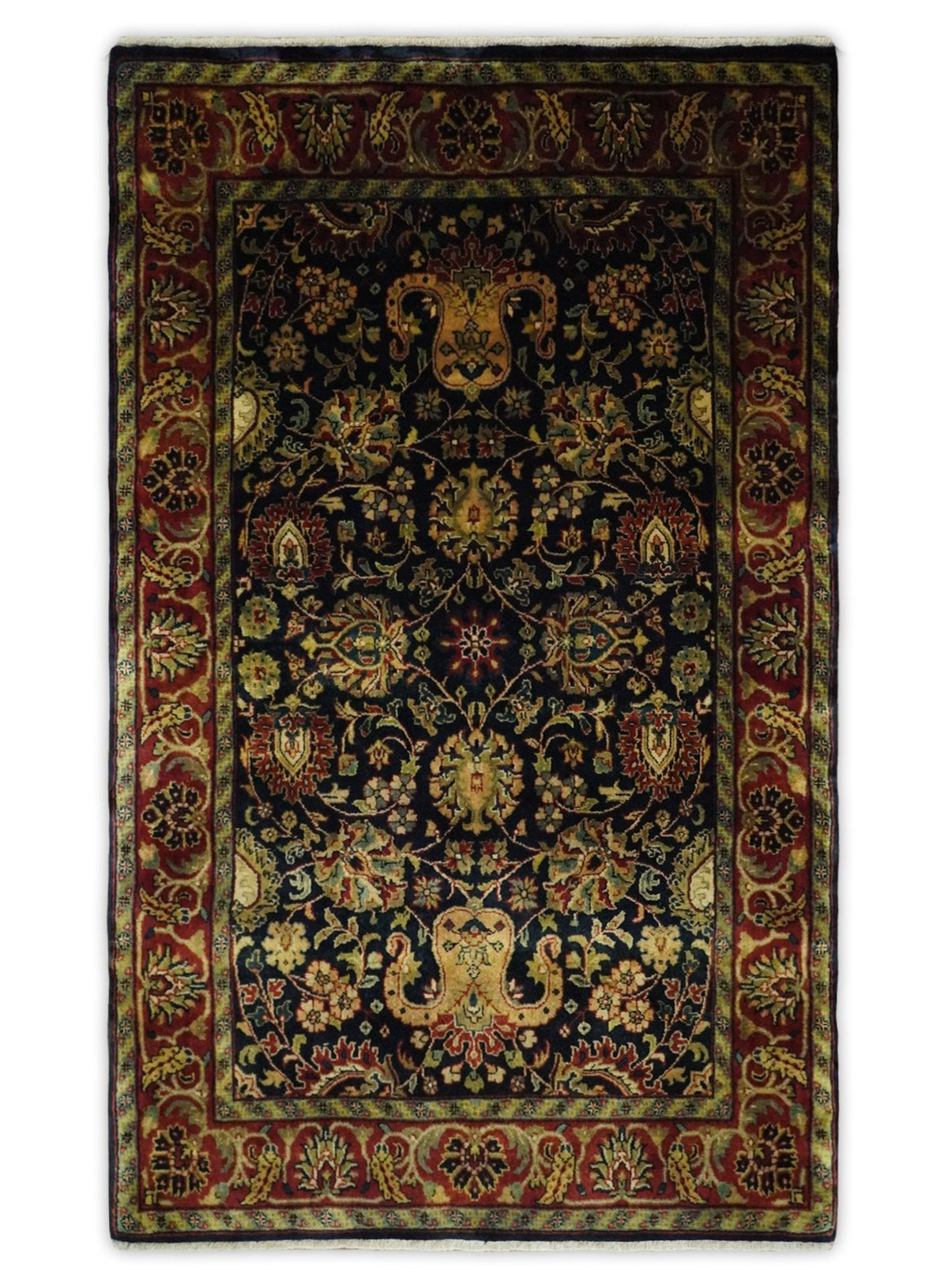 Brown and Black Traditional Style Hand Knotted Wool Area Rug.