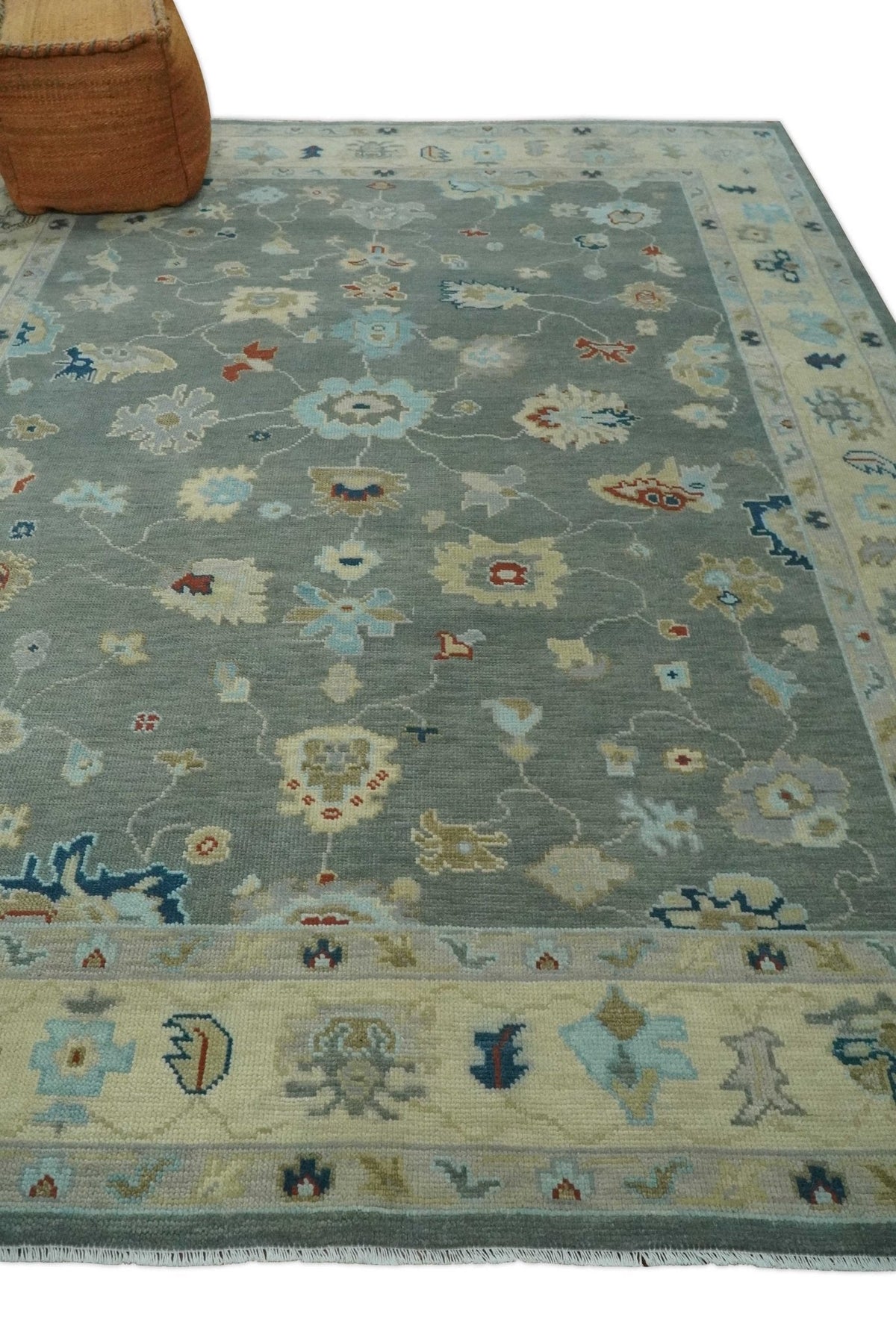 Hand knotted Gray and Beige Traditional Oushak Wool Area Rug.