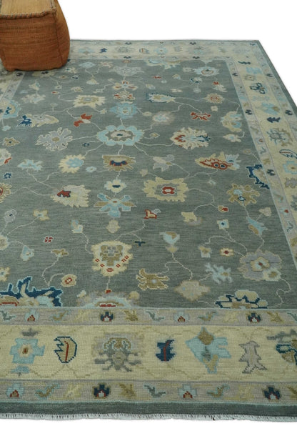 Hand knotted Gray and Beige Traditional Oushak Wool Area Rug.