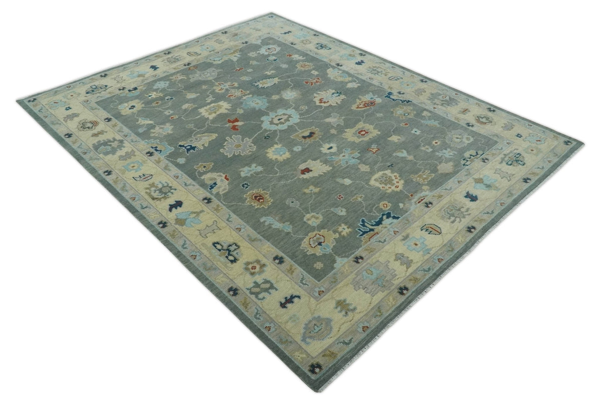 Hand knotted Gray and Beige Traditional Oushak Wool Area Rug.
