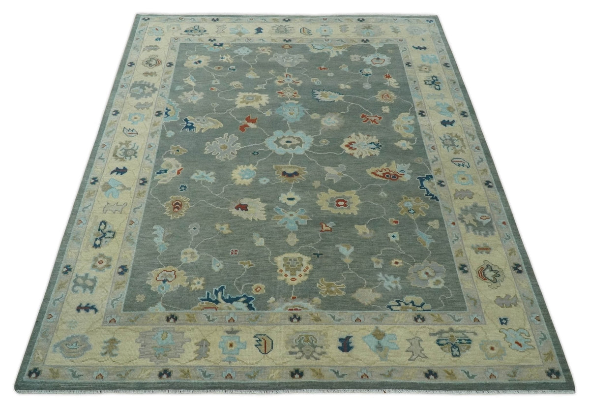 Hand knotted Gray and Beige Traditional Oushak Wool Area Rug.