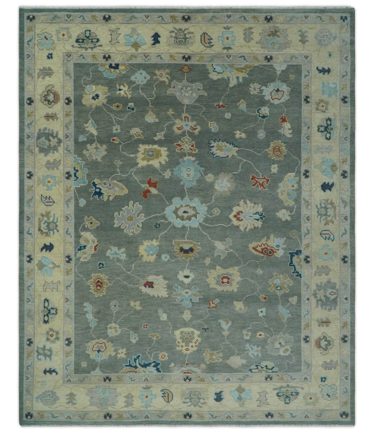 Hand knotted Gray and Beige Traditional Oushak Wool Area Rug.