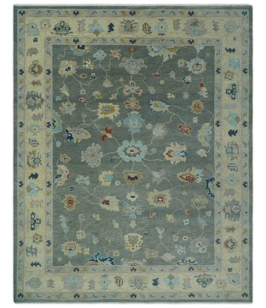 Hand knotted Gray and Beige Traditional Oushak Wool Area Rug.