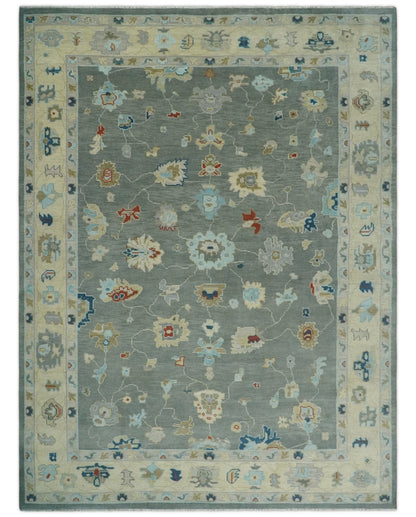 Hand knotted Gray and Beige Traditional Oushak Wool Area Rug.