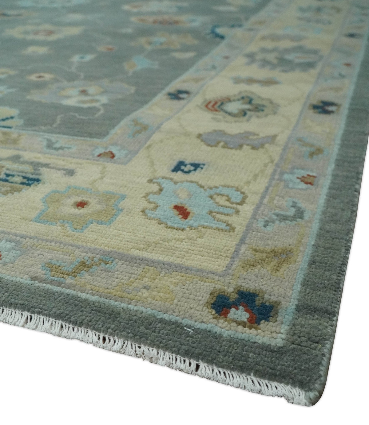 Hand knotted Gray and Beige Traditional Oushak Wool Area Rug.