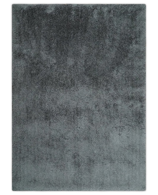 Ready To Ship Hand Woven High Pile Shag Charcoal Soft Viscose Rug.