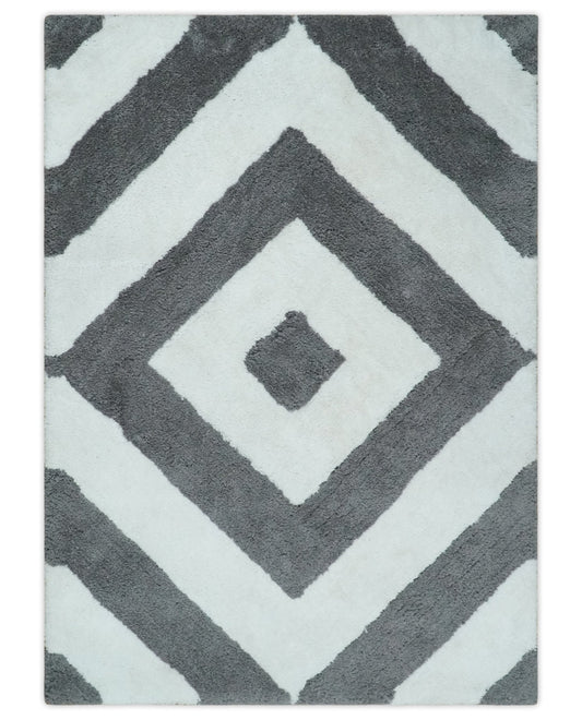 3x5, 4x6 and 5x7 Hand Woven Shag Ivory and Gray Geometrical Pattern Art Silk Soft Viscose Area Rug.