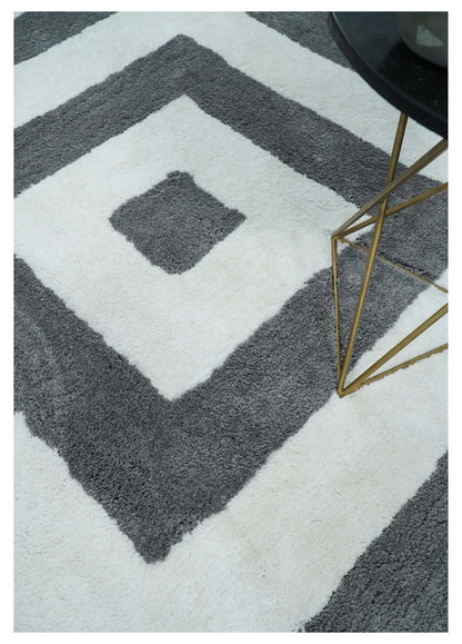 3x5, 4x6 and 5x7 Hand Woven Shag Ivory and Gray Geometrical Pattern Art Silk Soft Viscose Area Rug.