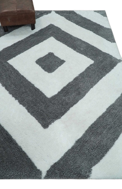 3x5, 4x6 and 5x7 Hand Woven Shag Ivory and Gray Geometrical Pattern Art Silk Soft Viscose Area Rug.
