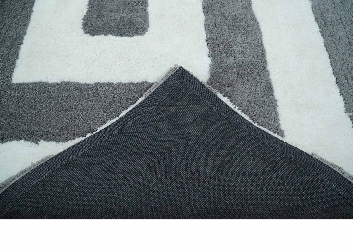 3x5, 4x6 and 5x7 Hand Woven Shag Ivory and Gray Geometrical Pattern Art Silk Soft Viscose Area Rug.