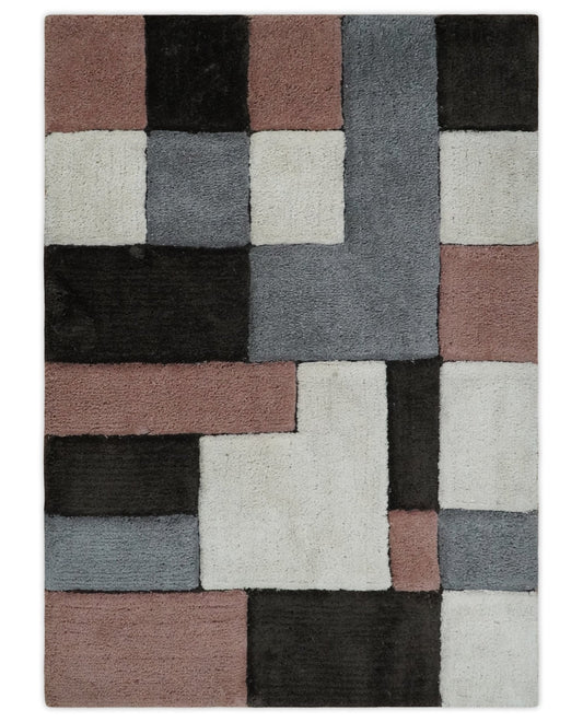 3x5, 4x6 and 5x7 Hand Woven Shag Ivory. Charcoal and Peach Art Silk Soft Viscose Area Rug.