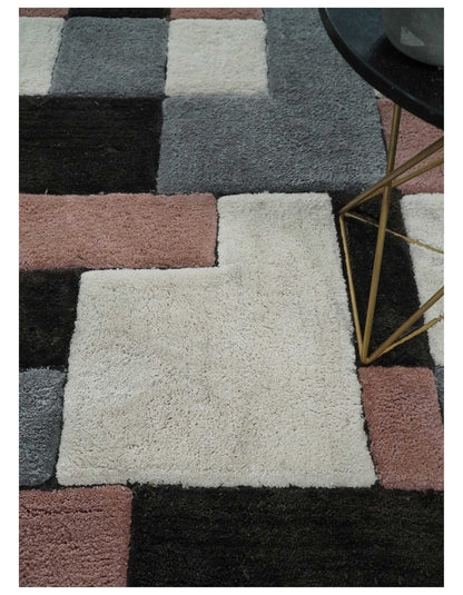 3x5, 4x6 and 5x7 Hand Woven Shag Ivory. Charcoal and Peach Art Silk Soft Viscose Area Rug.