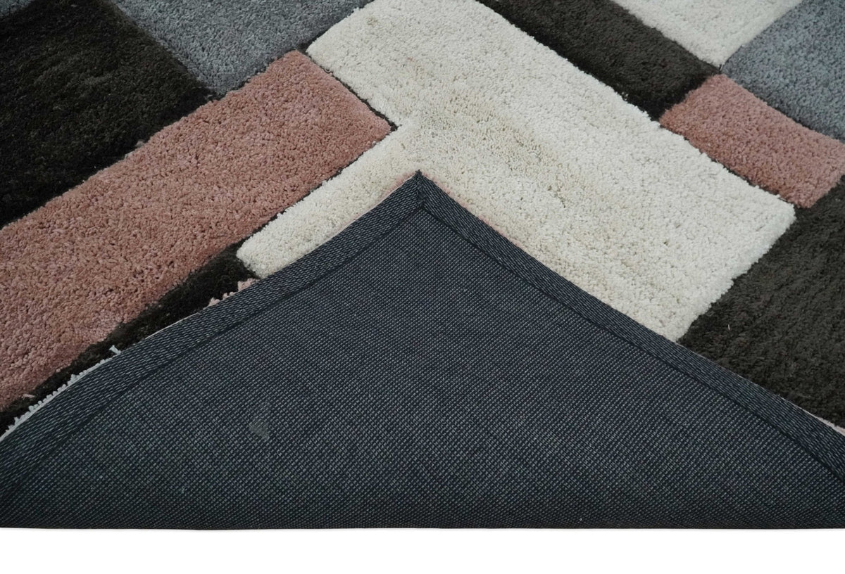 3x5, 4x6 and 5x7 Hand Woven Shag Ivory. Charcoal and Peach Art Silk Soft Viscose Area Rug.