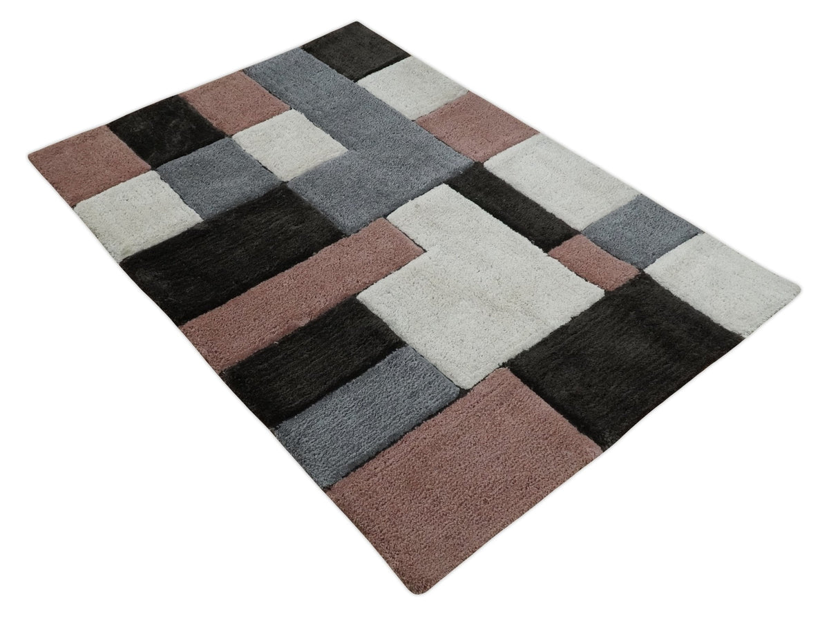 3x5, 4x6 and 5x7 Hand Woven Shag Ivory. Charcoal and Peach Art Silk Soft Viscose Area Rug.