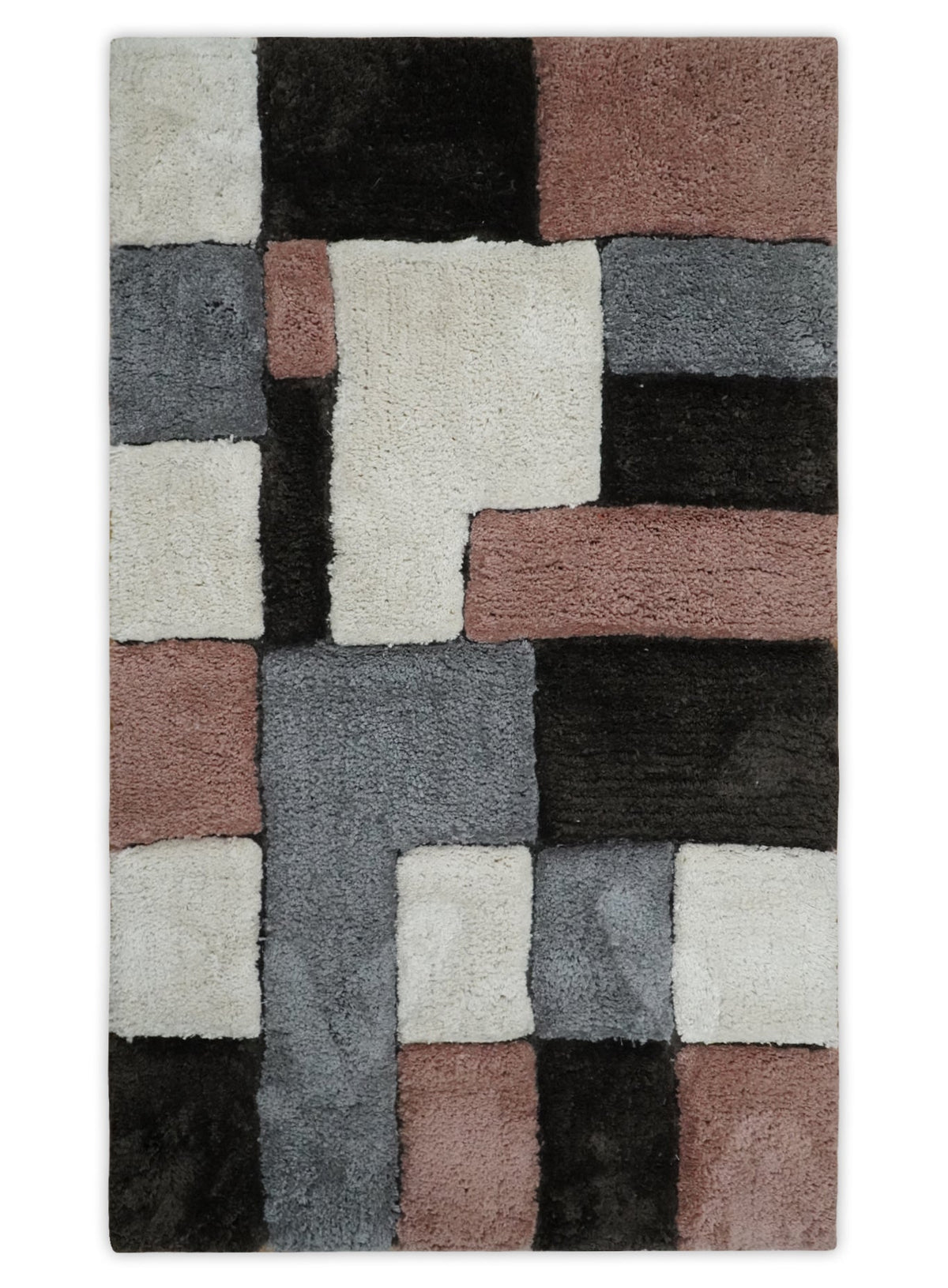 3x5, 4x6 and 5x7 Hand Woven Shag Ivory. Charcoal and Peach Art Silk Soft Viscose Area Rug.