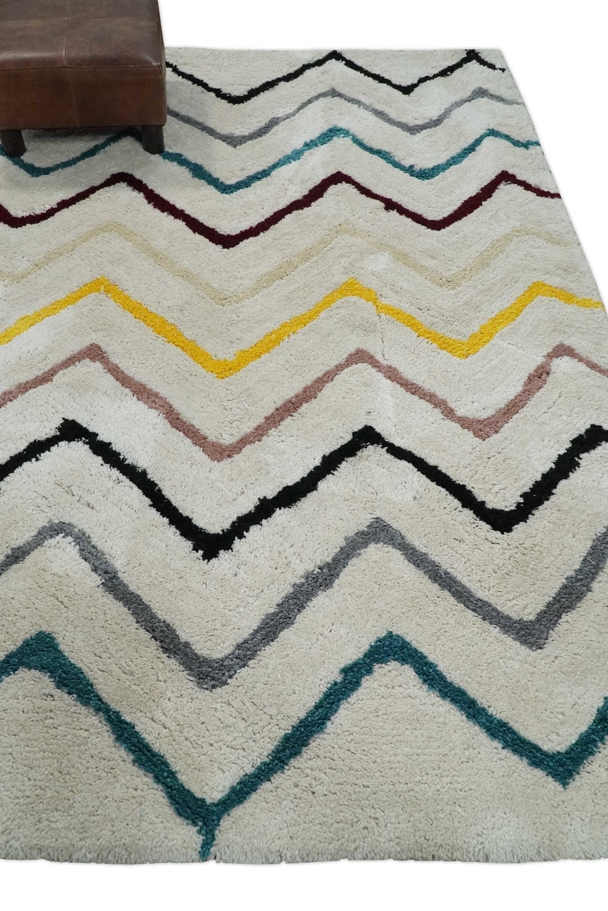 3x5, 4x6 and 5x7 Hand Woven Shag Ivory with multicolor Stripes Art Silk Soft Viscose  Area Rug.