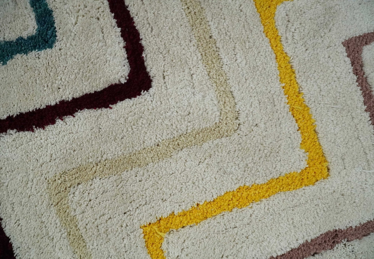 3x5, 4x6 and 5x7 Hand Woven Shag Ivory with multicolor Stripes Art Silk Soft Viscose  Area Rug.