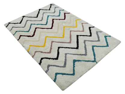 3x5, 4x6 and 5x7 Hand Woven Shag Ivory with multicolor Stripes Art Silk Soft Viscose  Area Rug.