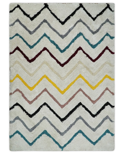 3x5, 4x6 and 5x7 Hand Woven Shag Ivory with multicolor Stripes Art Silk Soft Viscose  Area Rug.