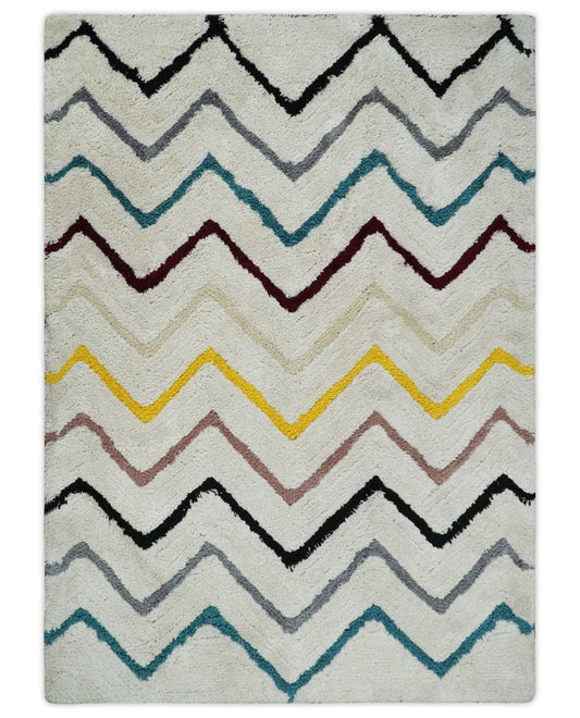 3x5, 4x6 and 5x7 Hand Woven Shag Ivory with multicolor Stripes Art Silk Soft Viscose  Area Rug.