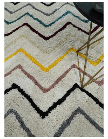 3x5, 4x6 and 5x7 Hand Woven Shag Ivory with multicolor Stripes Art Silk Soft Viscose  Area Rug.