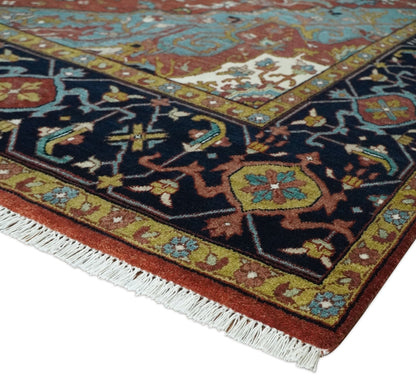 Hand Knotted Maroon And Blue Traditional Heriz Custom Made Wool Area Rug.