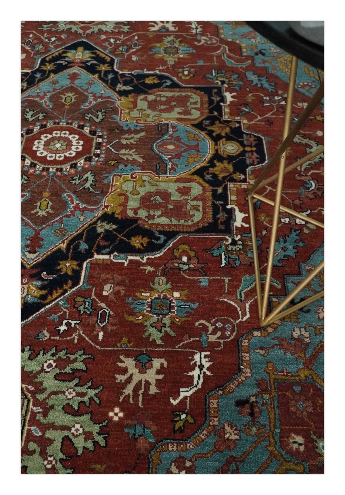 Hand Knotted Maroon And Blue Traditional Heriz Custom Made Wool Area Rug.