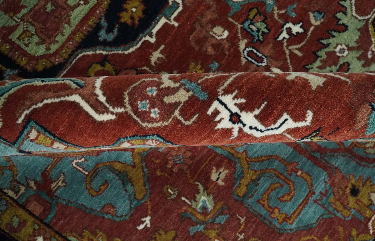 Hand Knotted Maroon And Blue Traditional Heriz Custom Made Wool Area Rug.