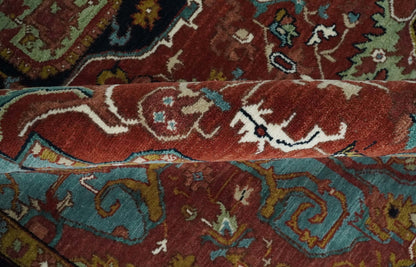 Hand Knotted Maroon And Blue Traditional Heriz Custom Made Wool Area Rug.