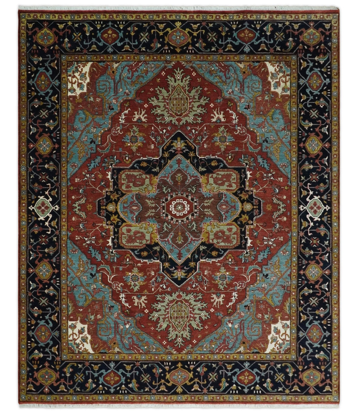 Hand Knotted Maroon And Blue Traditional Heriz Custom Made Wool Area Rug.