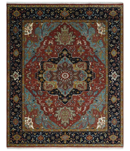 Hand Knotted Maroon And Blue Traditional Heriz Custom Made Wool Area Rug.