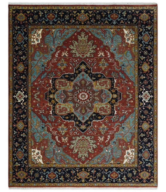 Hand Knotted Maroon And Blue Traditional Heriz Custom Made Wool Area Rug.