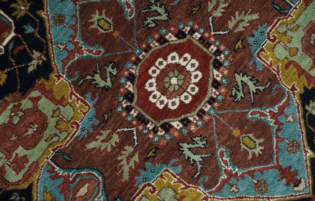 Hand Knotted Maroon And Blue Traditional Heriz Custom Made Wool Area Rug.