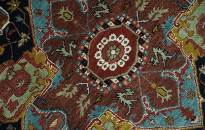 Hand Knotted Maroon And Blue Traditional Heriz Custom Made Wool Area Rug.