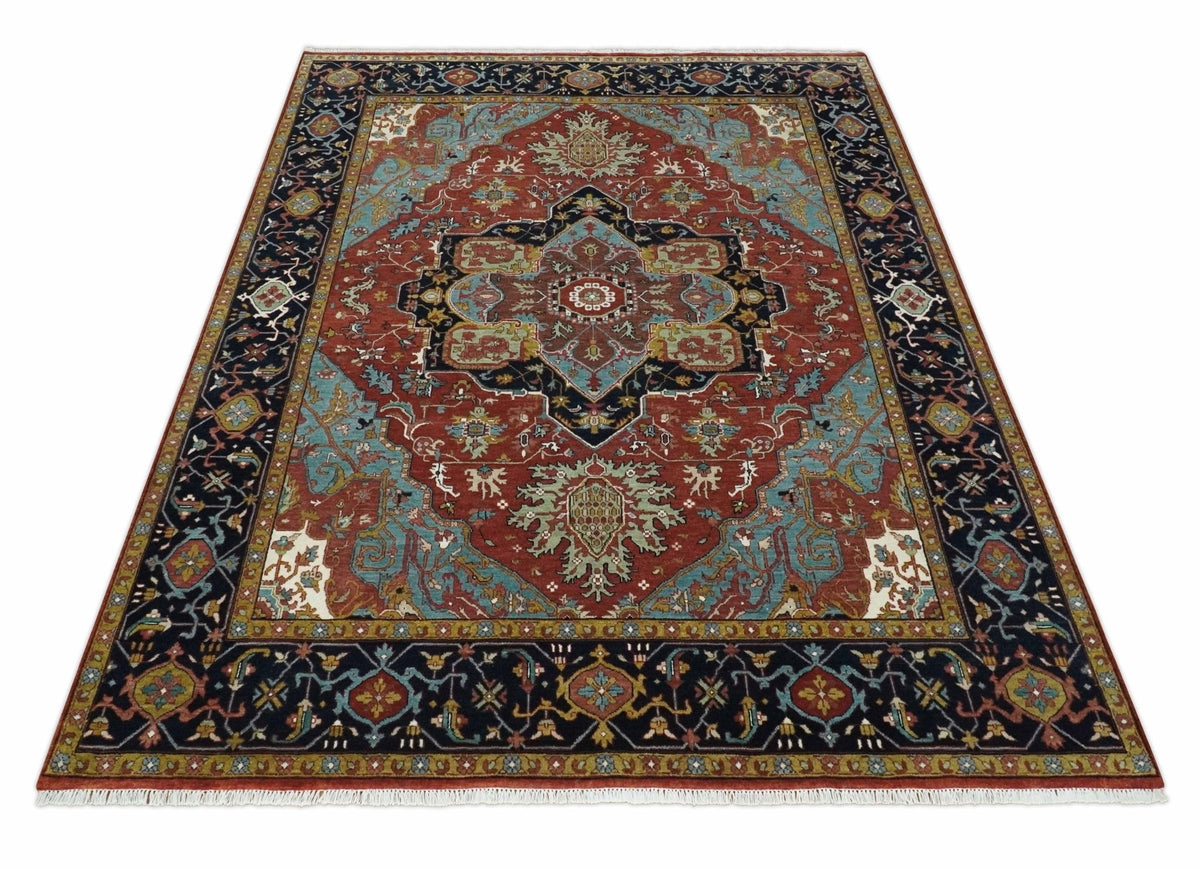 Hand Knotted Maroon And Blue Traditional Heriz Custom Made Wool Area Rug.