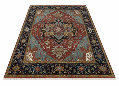 Hand Knotted Maroon And Blue Traditional Heriz Custom Made Wool Area Rug.