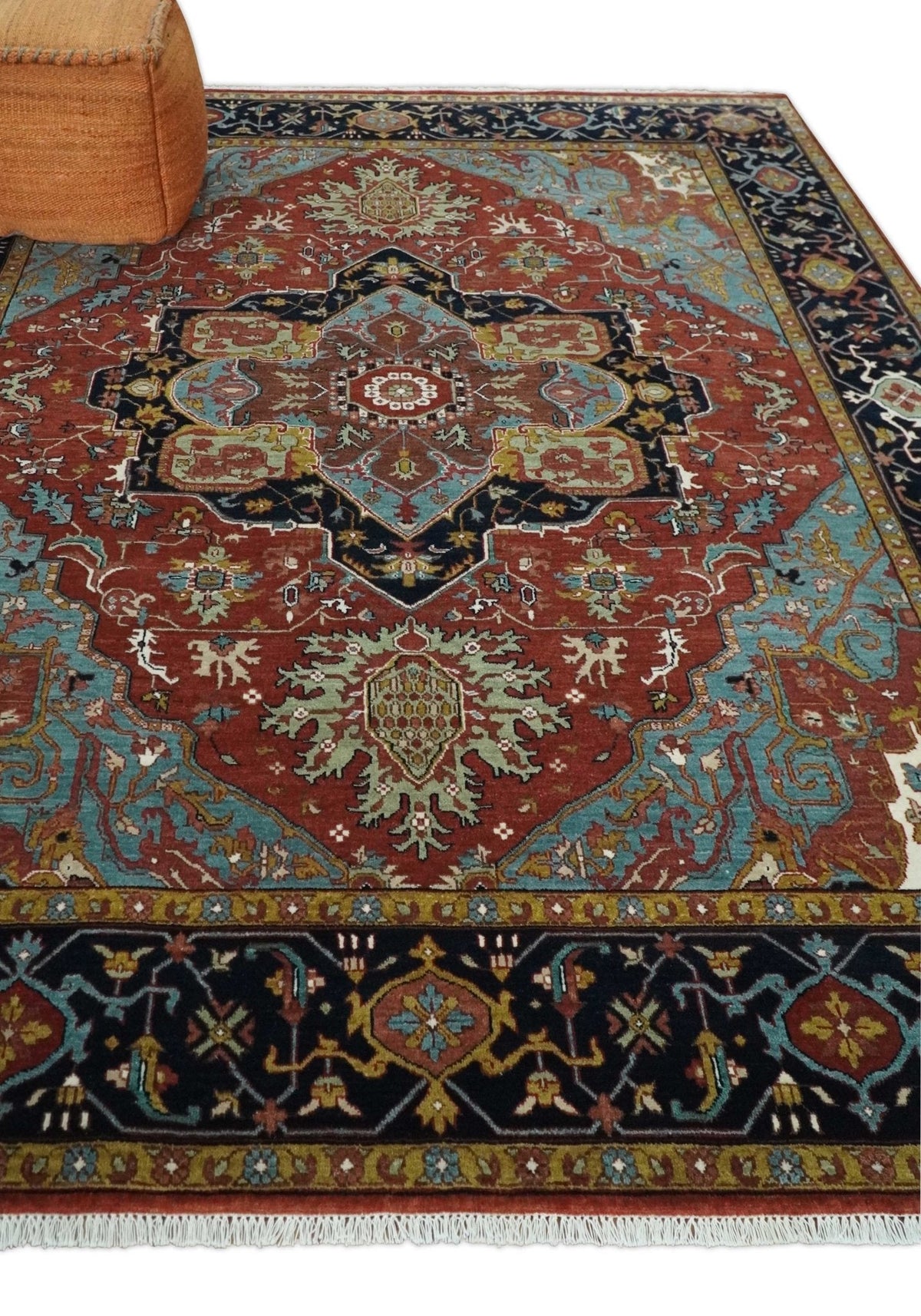 Hand Knotted Maroon And Blue Traditional Heriz Custom Made Wool Area Rug.