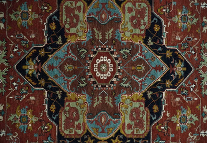 Hand Knotted Maroon And Blue Traditional Heriz Custom Made Wool Area Rug.