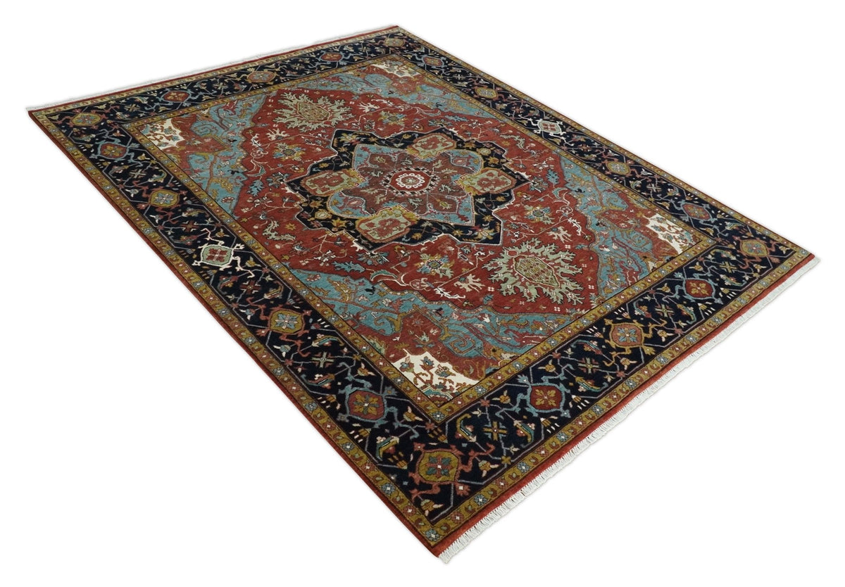 Hand Knotted Maroon And Blue Traditional Heriz Custom Made Wool Area Rug.