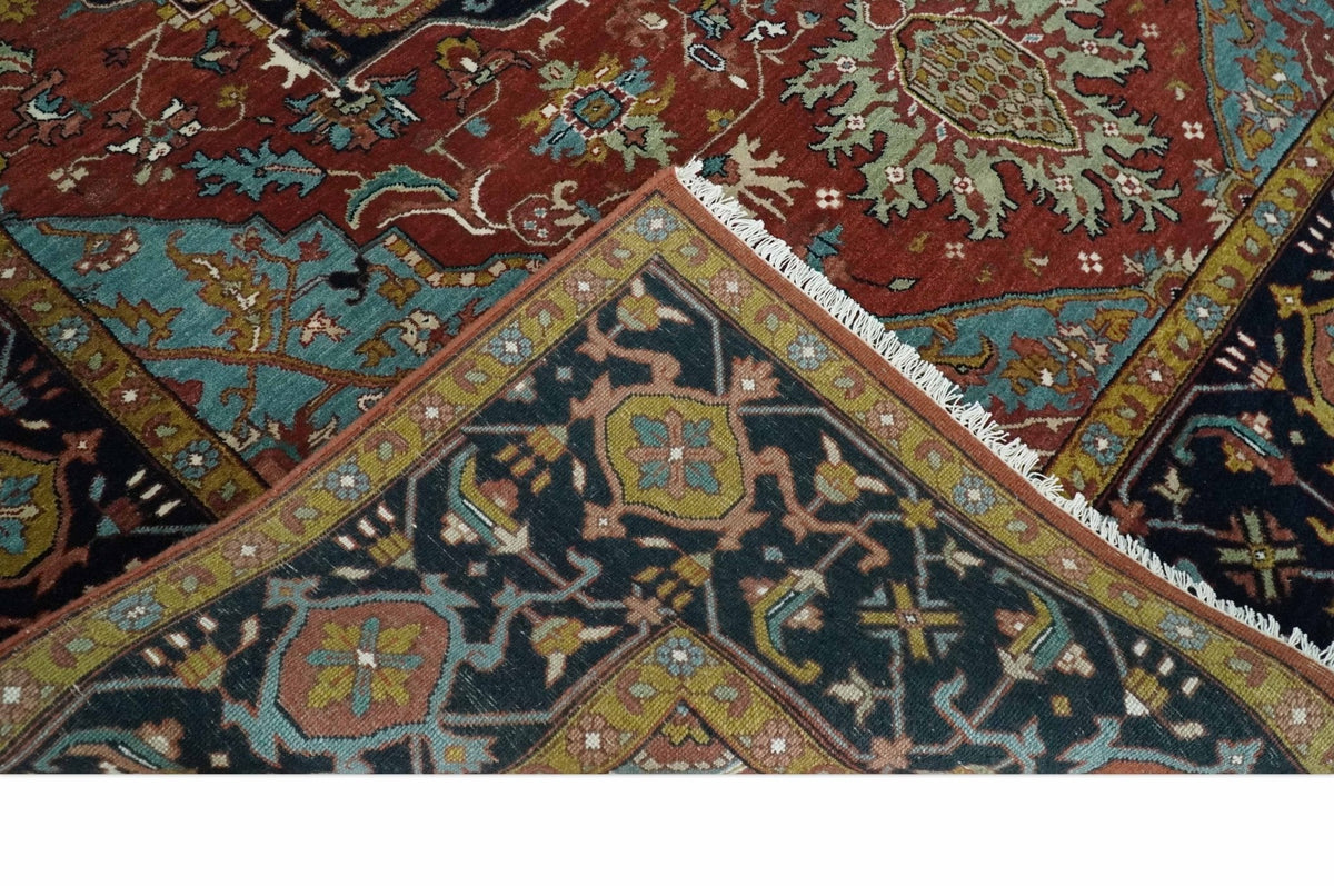 Hand Knotted Maroon And Blue Traditional Heriz Custom Made Wool Area Rug.