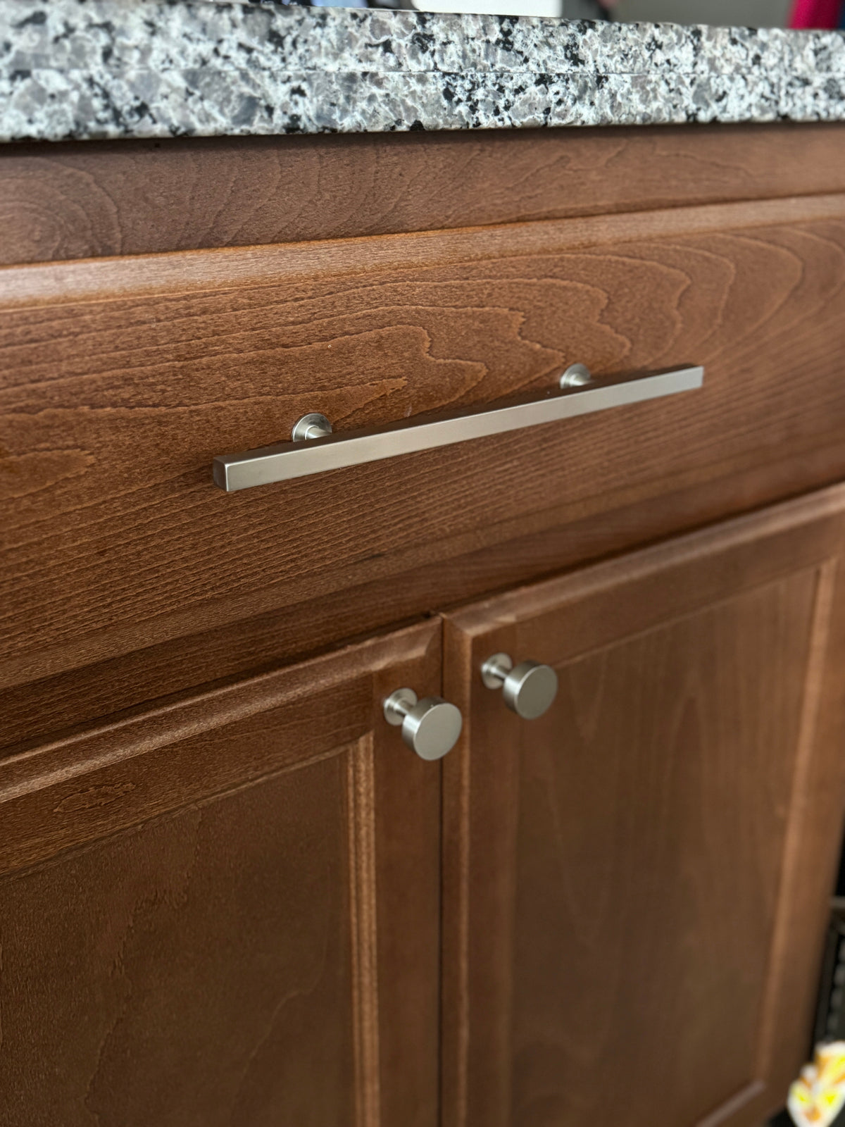 Lew's Square Bar Cabinet Knobs and Pulls in Brushed Nickel.