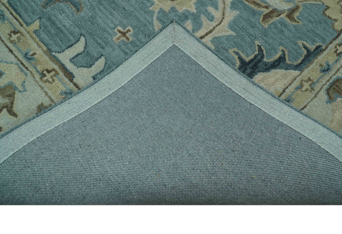Custom Made Aqua, Ivory and Beige Hand Tufted Oriental Oushak wool area rug.