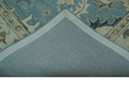 Custom Made Aqua, Ivory and Beige Hand Tufted Oriental Oushak wool area rug.